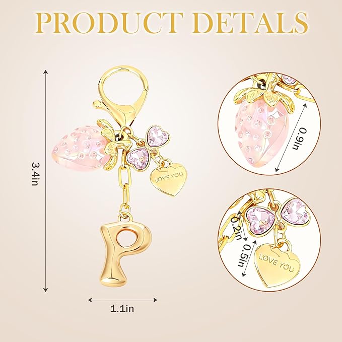 Snycler Bubble Initial Keychain with Strawberry & Bow- Gold Letter Bag Charms for Women, Cute Purse Handbag Accessories