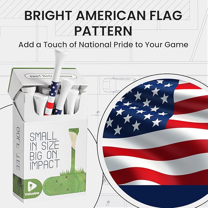 Premium Bamboo Wood Golf Tees Unique Box Design 18-Pack Per Box Value 18/72/180 Pack, Wooden Tees in 2 3/4" 3 1/4" Durable for Golfers, USA Flag Design Pro Tee Choice
