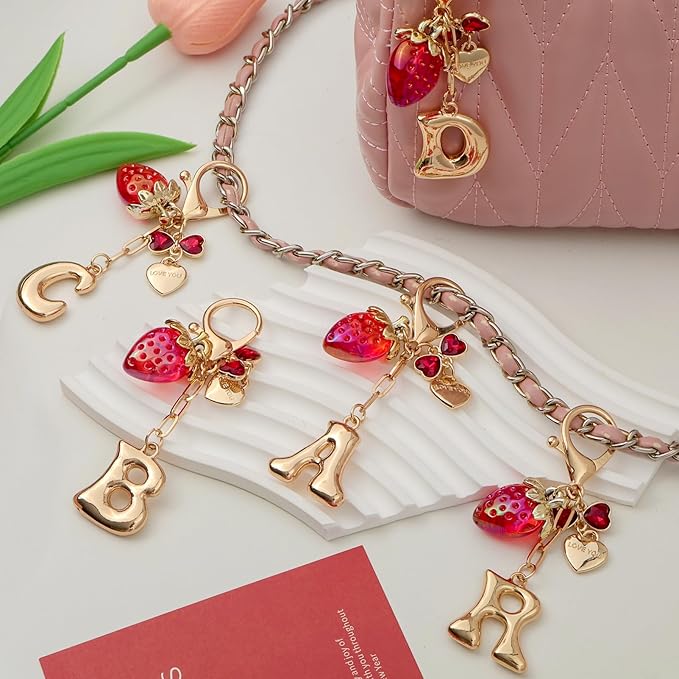 Snycler Bubble Initial Keychain with Strawberry & Bow- Gold Letter Bag Charms for Women, Cute Purse Handbag Accessories