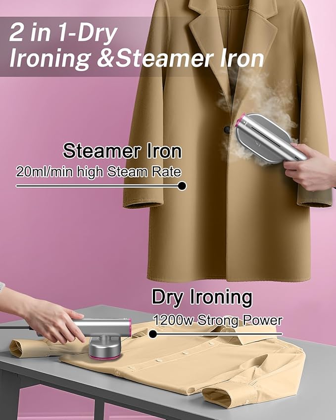 Travel Steamer for Clothes,Handheld Portable Steamer for Clothes,2-in-1 Garment Steamer for Clothes with 10s Fast Heat-Up,Rotatable Head 1200W,110-120V Purple for Travel,Office&Home,Red
