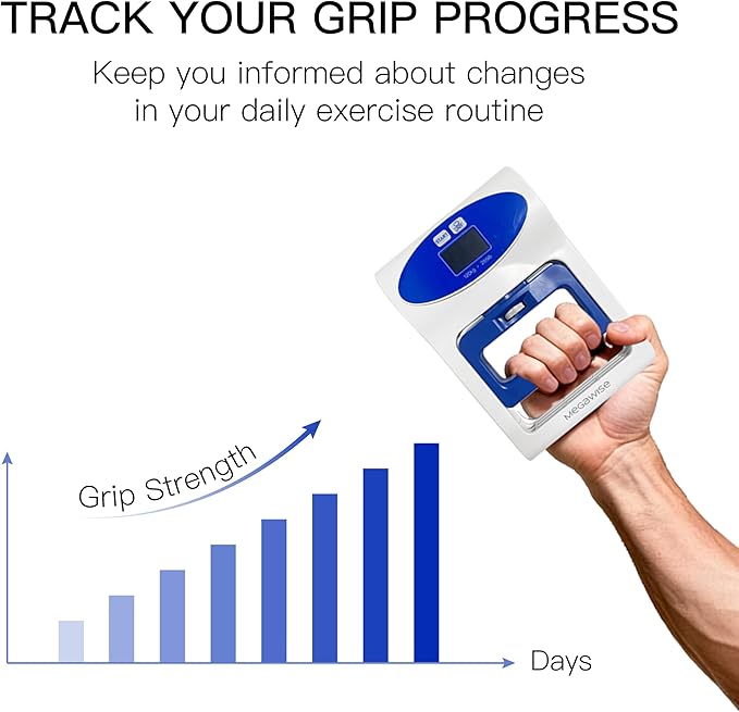 MEGAWISE Grip Strength Dynamometer Pro - Digital Hand Grip Tester & Trainer, 265lbs/120kg High Precision Sensor, Home Fitness, gym (White)