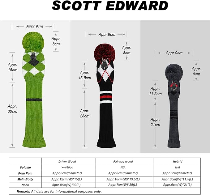 Scott Edward Knit Golf Head Covers for Woods Set of 3 Fits Well Driver(460cc) Fairway Wood and Hybrid(UT) The Perfect Change for Golf Bag