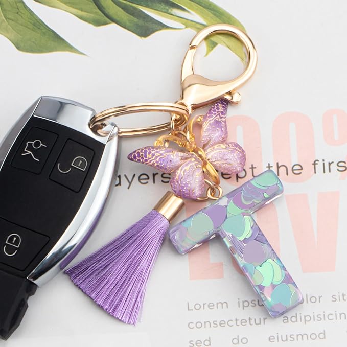 Suweibuke Colourful Cute Initial Letter Keychains for Women Girls with Tassel Butterfly, Charm for Purse Handbags Backpacks