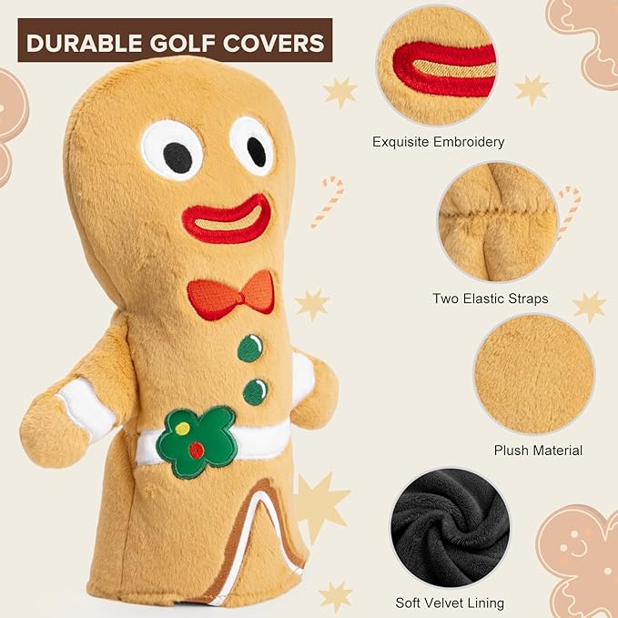 Golf Club Head Covers, Plush Gingerbread Man Golf Driver Covers Fairway Wood Hybrid Head Covers with Interchangeable Tags Advanced Embroidery 3 Wood Headcover Set