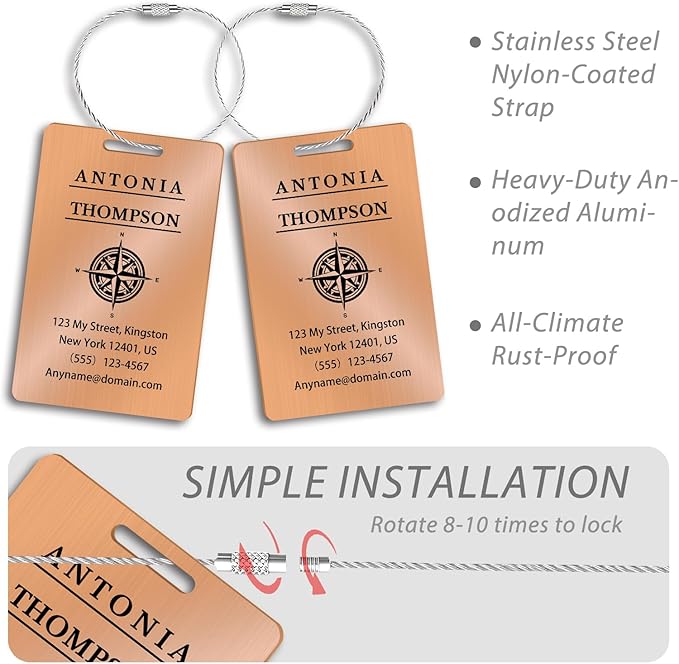 Custom Stainless Steel Luggage Tags (2 Pack) - Personalized Laser Engraved Luggage Tag, Waterproof Durable, for Bags, Backpack Travel, Suitcases (Rose Gold)
