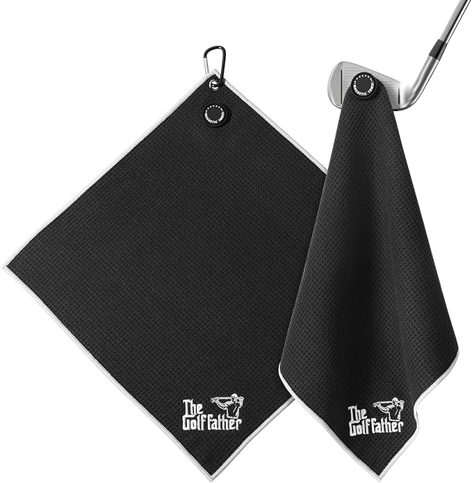 She's Pink Magnetic Golf Towel with Clip, 16"x16" Microfiber Waffle Weave, Quick-Dry Lint-Free Club & Ball Cleaning Cloth, Strong Magnet for Cart/Clubs, Black, 1 Pack