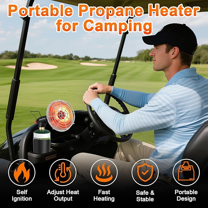 Golf Cart Heater, 9200 BTU Portable Propane Heater with Golf Cart Cup Holder & Adjustable Flame, for EZGO, Yamaha, Club Car, Most Golf Carts(Fuel Cylinder Not Included)