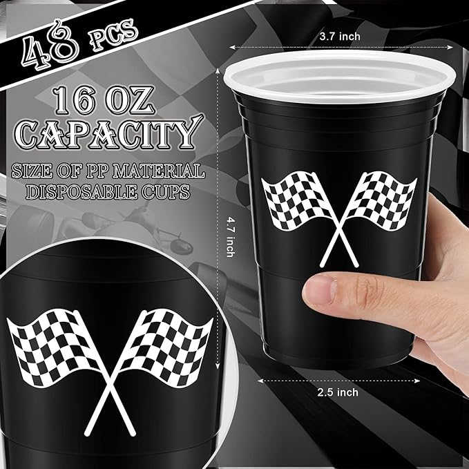 Norme 48 Pcs Checkered Cups Checkered Flag Party Supplies Bulk 16 oz Disposable Race Car Cups Thick White Black Cup for Racing Themed Birthday Party