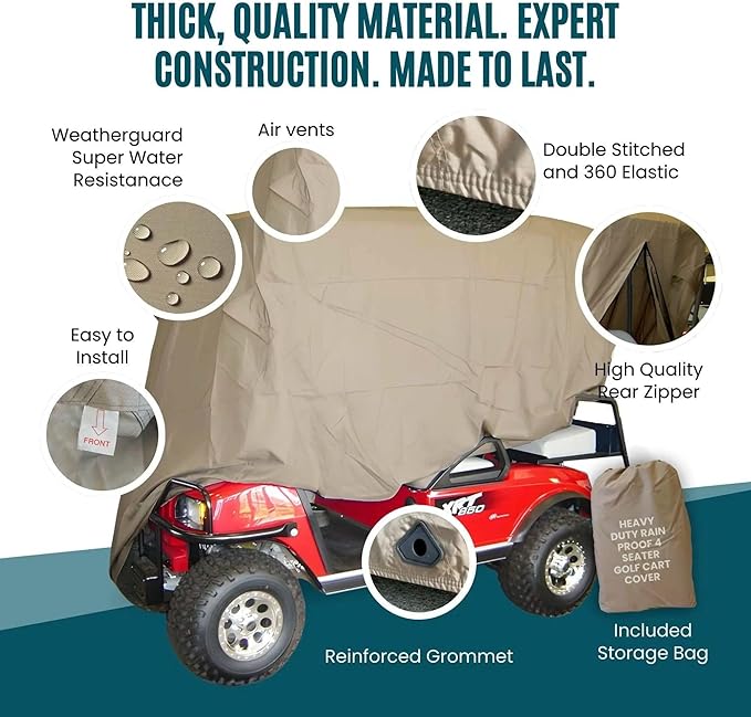 Formosa Covers Heavy Duty Golf Cart Cover 4 Passenger Extended Roof Premium Golf Cart Accessories All Weather fits 80" Roof EZGO, Club Car, Evolution, Yamaha G Models, GEM e2 (Grey, Taupe, or Green)