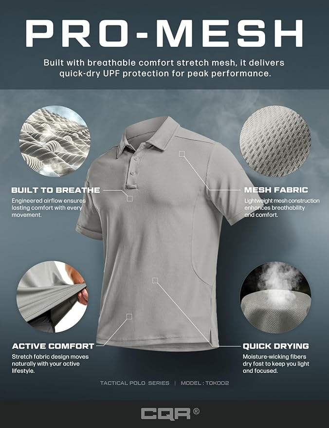 CQR Men's Polo Shirts, Tactical Short Sleeve Golf Performance Shirts, Lightweight Dry Fit UPF 50+ Pique