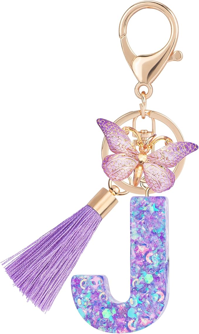 Suweibuke Colourful Cute Initial Letter Keychains for Women Girls with Tassel Butterfly, Charm for Purse Handbags Backpacks