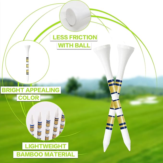 FINGER TEN Golf Tees Wood 3 1/4 2 3/4 Inch Value 50/120 Count, Durable Tees with Bright Colored Stripes for Consistent Height, 70mm 83mm Long Tees Ideal for Golfers