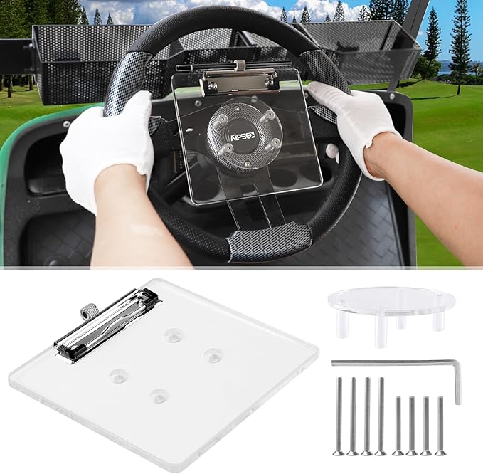 Golf Cart Scorecard Holder w/Pencil Holder Compatible with EZGO Club Car Yamaha and Other 5-6 Holes Golf Cart Steering Wheel, Firmly Clamp & Adjustable Pen Spring Loop, Easy to Install & Record