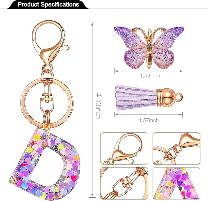 JINGUAZI Initial letter Keychains for Women Tassel Butterfly Pink Purple Cute Car Keychain for Wallet Backpack bag charm