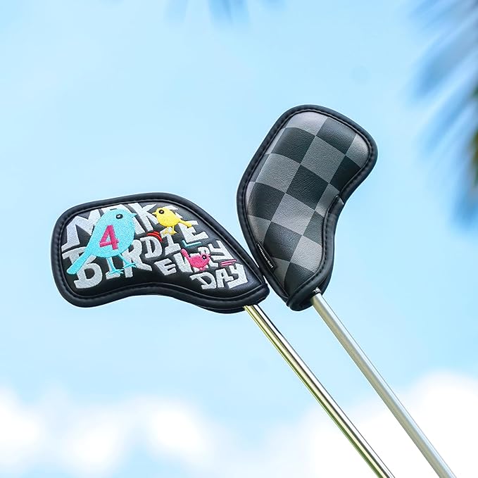 Craftsman Golf Make Birdie Everyday Black and Gray Checkers Golf Club Headcover for Woods and Driver Hybrids Irons Protector Putter Covers
