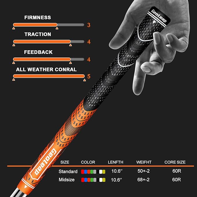 Geoleap Golf Grips Set of 13- Cord Rubber Compound Material, Hybrid Golf Club Grips, All Weather Performance.