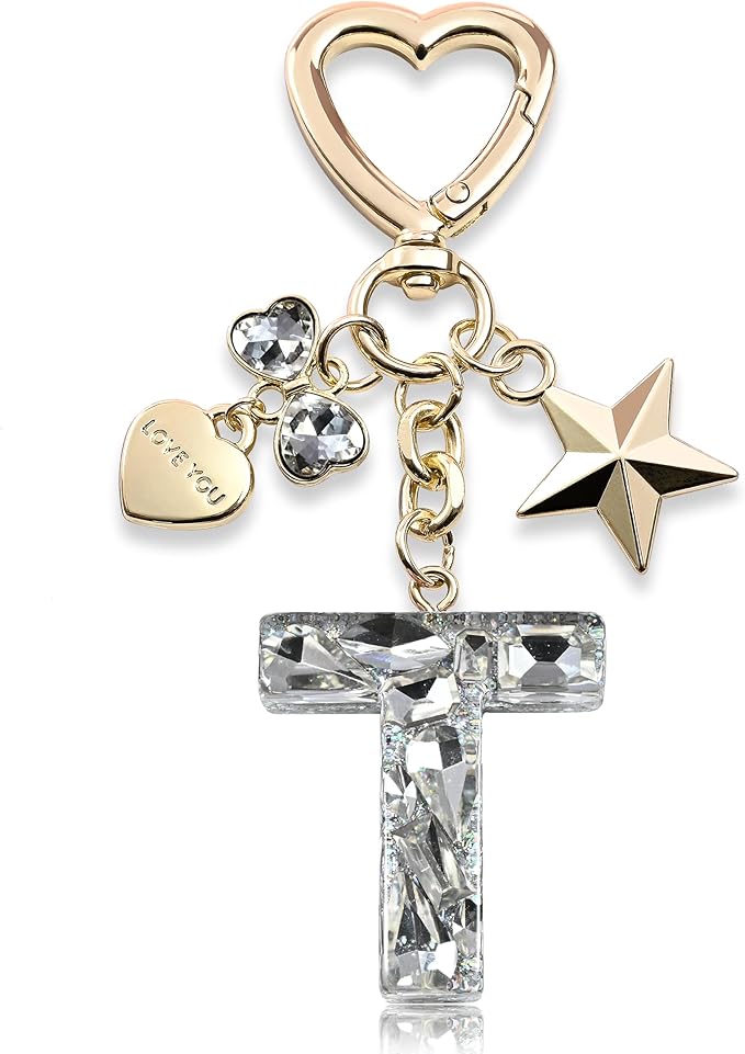 Cute Bling Keychain initial Letter Butterfly Star Pink Purple Gift for Women Girls Bag Cup Charms Accessories