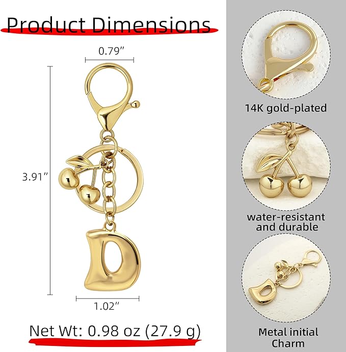 Gold Bubble Heart, Cherry, Bow & More Designs Letter Initial Keychain Bag Charms – Cute Purse Charms for Handbags