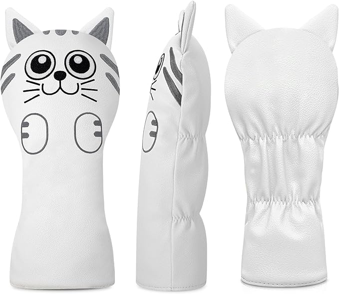 Golf Kitty Head Cover Golf Club White Leather Headcovers 1pc/4pcs Set Fits Driver Fairway Wood Hybrid Utility Putter Iron Wedge Headcover.