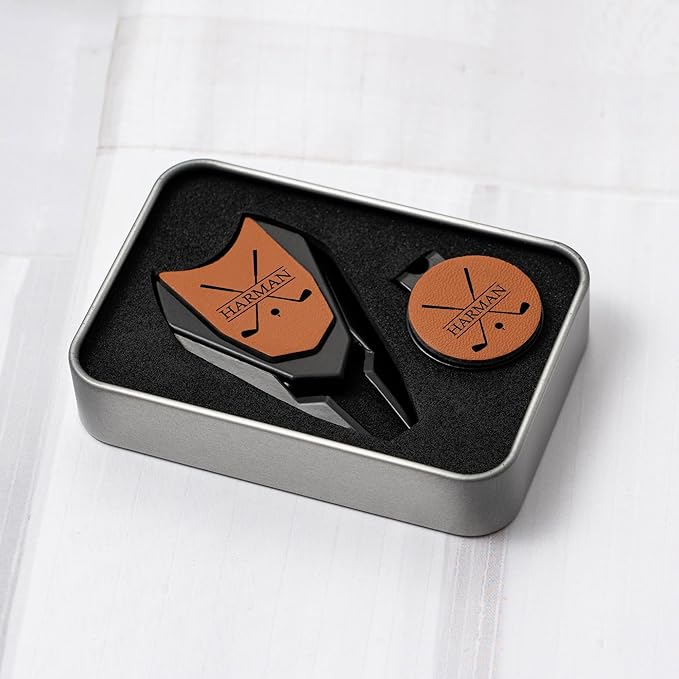 Personalized Leather Divot Repair Tool Set, Custom Golf Ball Marker for Men, Engraved Golf Turf Tools Gift for Dad Golfer