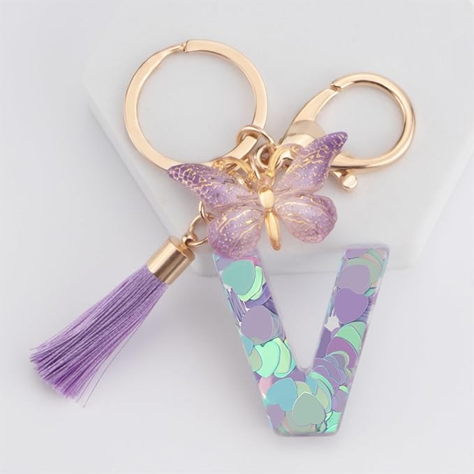 Suweibuke Colourful Cute Initial Letter Keychains for Women Girls with Tassel Butterfly, Charm for Purse Handbags Backpacks
