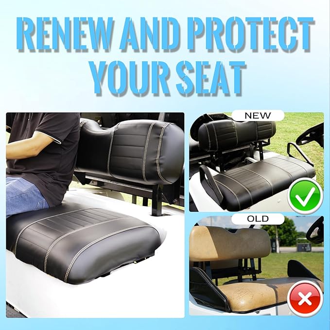 Golf Cart Seat Covers fits Club Car Precedent/DS/EZGO RXV/TXT/Yamaha Front Rear Seat Cushion，Black Leather Custom Stripe Soft Comfortable/Anti-Scratch/Easy to Clean