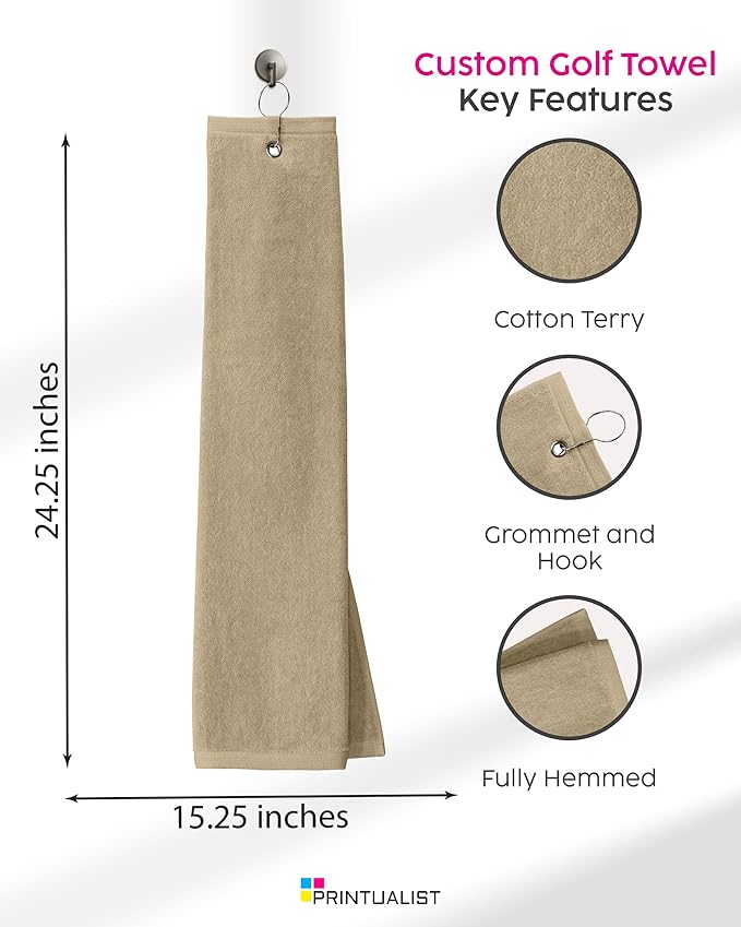 Custom Golf Towel for Golf Bags, Balls - Add Your Embroidered Name - Personalized Trifold Golf Bag Towels with Clip, for Men and Women