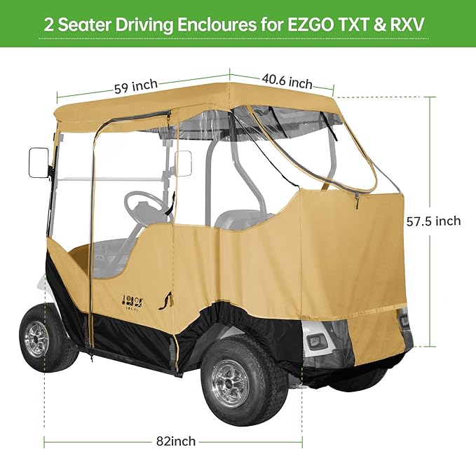 10L0L Golf Cart Enclosure Fit for 2 Passengers EZGO TXT RXV,600D Waterproof Snowproof Golf Buggy Keep Warm Cover, 2 Door Zippers 4-Side Clear Window and 4 Windproof Hooks Golf Cart Rain Cover, Black