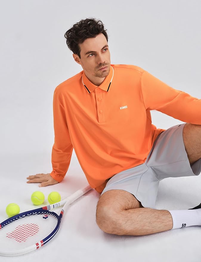K-Swiss Men's Long Sleeve Polo Shirts - Golf Tennis Dry Fit Performance Moisture Wicking Casual Collared