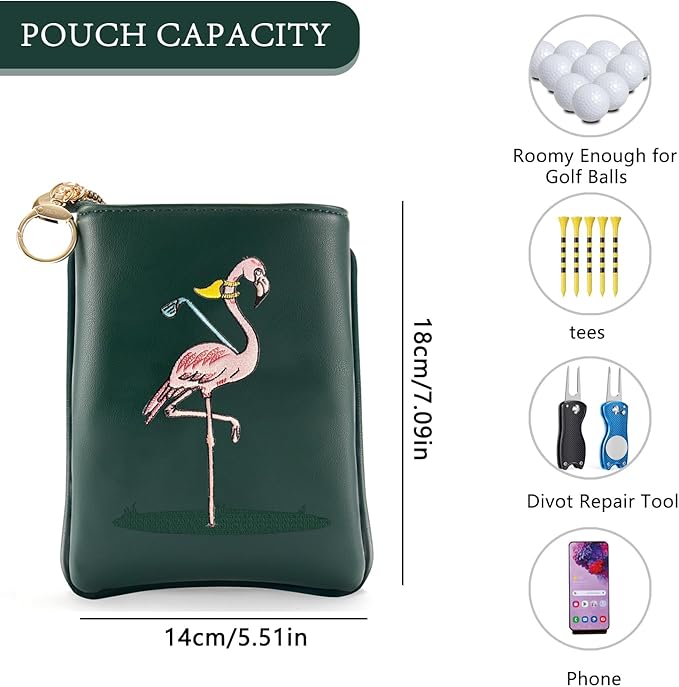 PINKTEE Golf Valuables Pouch Funny Golf Accessories Bag with Zipper Master Green Premiun Leather Golf Tee/Ball Pouch for Women Men (Pink Stripe, FLAMINGO)