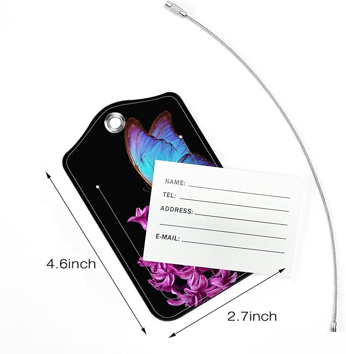 2 Pack Luggage Tags for Suitcase,Butterfly on a Flower PU Leather Luggage Tags with Privacy Cover Name Address Labels and Steel Ring,Creative Travel Accessories for Men and Women