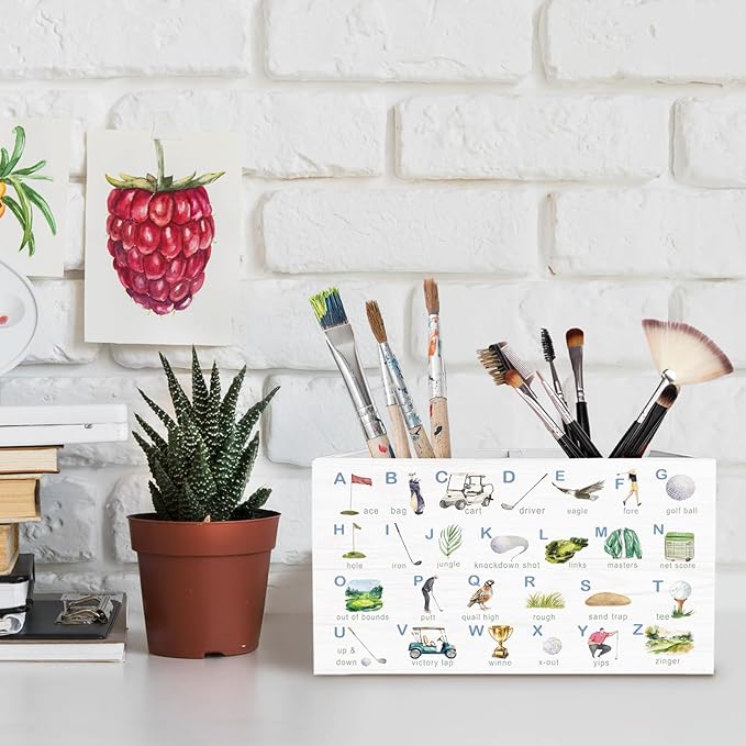 Golf Nursery Decor, Educational Golfing ABC Alphabet Pen Pencil Holder for Desk, Golf Lover Gifts Wooden Box Sign Desk Decor for Kids Room Nursery Playroom Classroom Decoration