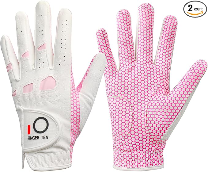 FINGER TEN Non Slip Golf Gloves Women 2 Pack for Left Right Handed Golfers, All Weather Grip & Comfortable Glove for Serious Performance, Fit Size Medium Small Large