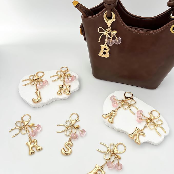 Gold Bubble Heart, Cherry, Bow & More Designs Letter Initial Keychain Bag Charms – Cute Purse Charms for Handbags