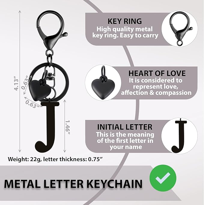 Metal Heart Alphabet Keychain for Women, Girls - Cute Initial Letter Accessories for Purse, Bag Charms and Backpack
