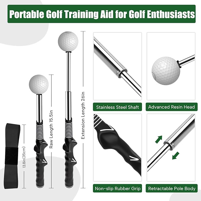 Retractable Golf Swing Training Aid, Golf Grip Trainer for Swing Tempo & Chipping Practice, Right-Handed Golf Swing Trainer with Arm Band for Beginners, Indoor Outdoor Practice