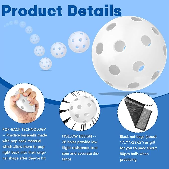 Coopay 12/50/100 Pack Baseball Practice Balls Plastic Training Balls Lightweight Hollow Softballs with a Drawstring Bag for Hitting, Baseball Training Indoor Outdoor Use