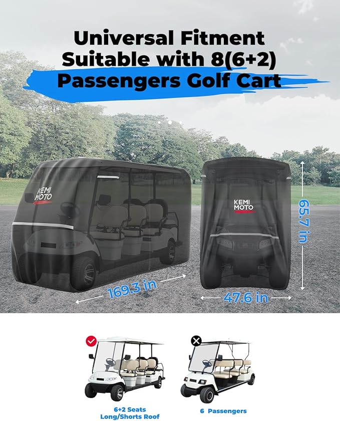 KEMIMOTO 600D Waterproof Golf Cart Cover, Universal Heavy Duty Large 8-Seater Golf Cart Rain Cover with Storage Bag Compatible with EZGO Club Car 6+2/8 Passenger, Black