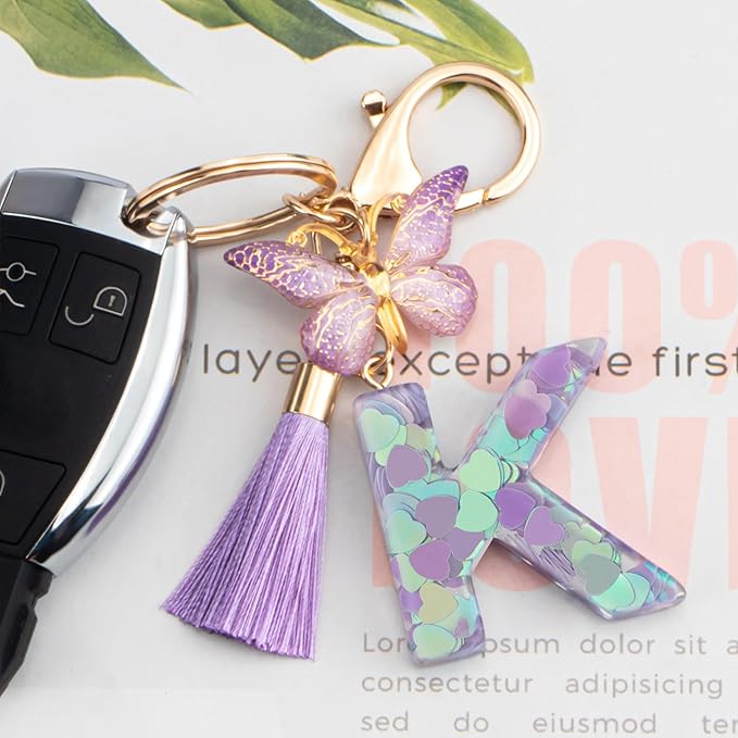 Suweibuke Colourful Cute Initial Letter Keychains for Women Girls with Tassel Butterfly, Charm for Purse Handbags Backpacks