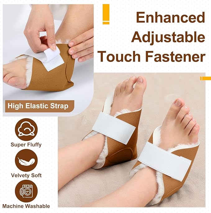 2 Pcs Heel Protectors for Pressure Sores Sheepskin Heel Pads Soft Foot Cushions Pad Protectors Adjustable Foot Pillows with Securing Strap for Bed Sore Ankle Ulcers (Brown)