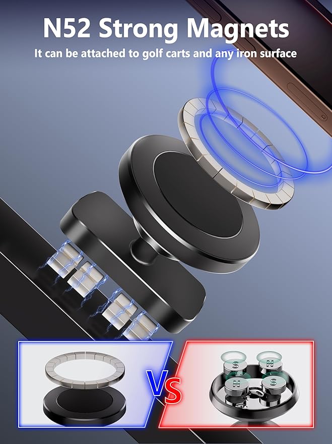 Magnetic Phone Holder for Golf Cart - Strong N52 Magnets, MagSafe Compatible for iPhone 16 15 14 13 12 Series, Fits EZGO Club Car Yamaha Golf Carts & Any Metal Surface Golf Cart Accessories