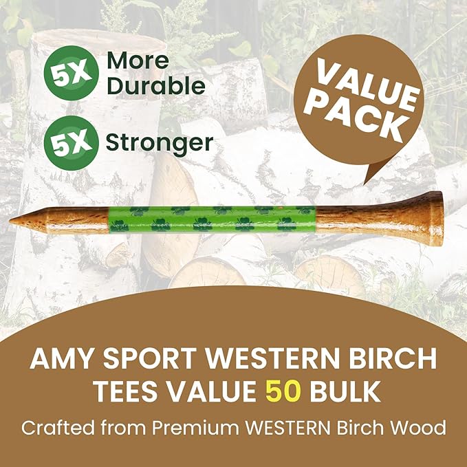 Amy Sport Golf Tees Western Birch Wood 5X More Durable 5X Stronger Value 50 Pack 1 1/2 2 3/4 3 1/4 Inch, Reduce Friction Wooden Long-Lasting, Spin Tall Sturdy Base for Stability