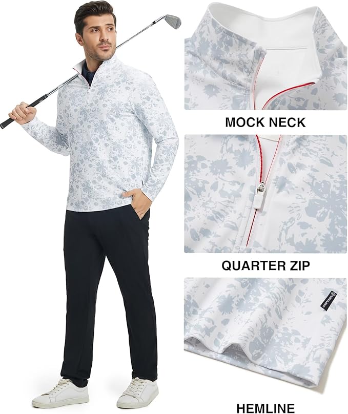M MAELREG Quarter Zip Golf Pullover Men Dry Fit Long Sleeve Performance Wicking 1/4 Zip Full Print Pullover Mens Sweatshirt