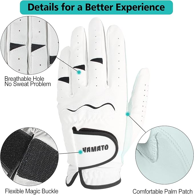 Yamato 3 Pack Men's Golf Gloves - Durable White Cabretta Leather All Weather Gloves for Right Handed Golfers, Breathable, Soft Comfortable Grip