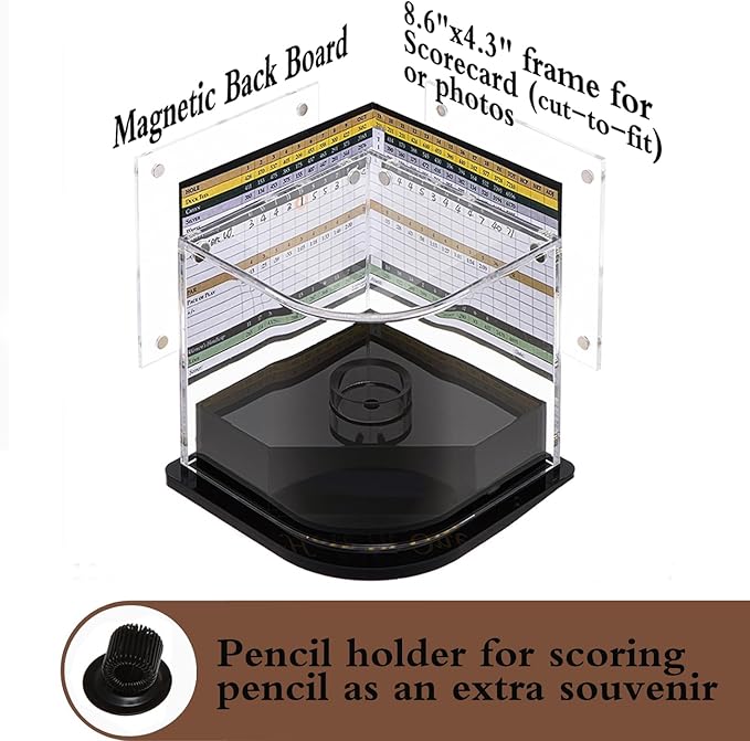 Golf Ball Display Case for Golfer w/ Golden Marker. Black Ball Throne with Golden Stamp. 2X Background Frames on Each Side of Cambered Cover. Pencil Holder, Adhesive Dots are All Included, No Assembly