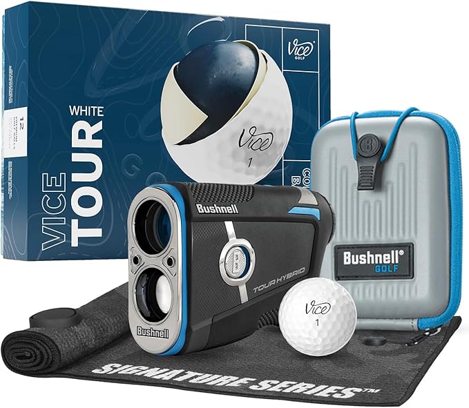 Bushnell Golf Tour Hybrid GPS Laser Rangefinder with Vice Balls | Slope Compensation, Magnetic Mount, Front/Middle/Back Distance, 1300 YD Range, PinSeeker | Signature Series Golf Towel