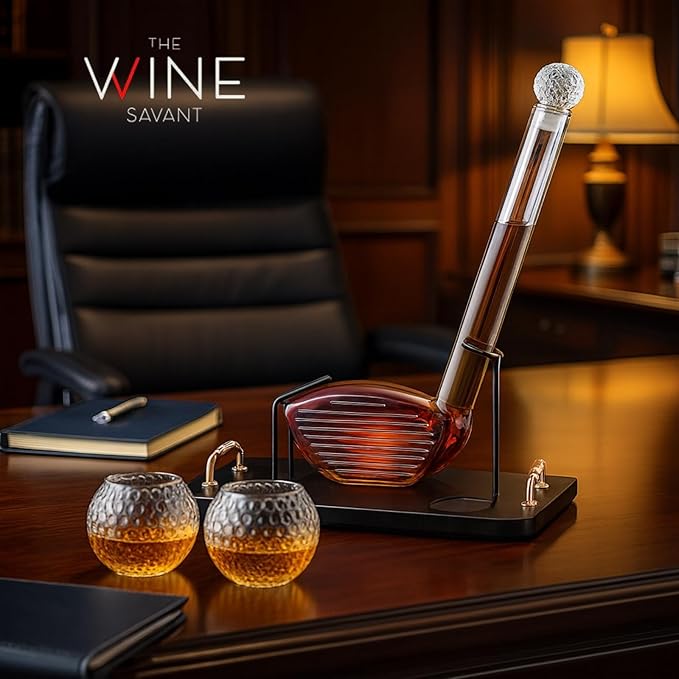 Golf Club Whiskey Decanter Set with 2 Crystal Glasses, 28.7oz Clear Borosilicate Glass 15.2oz Ball Cups for Bourbon Scotch Serving, Sports Themed Barware Birthdays Fathers Day Retirement Gifts for Men
