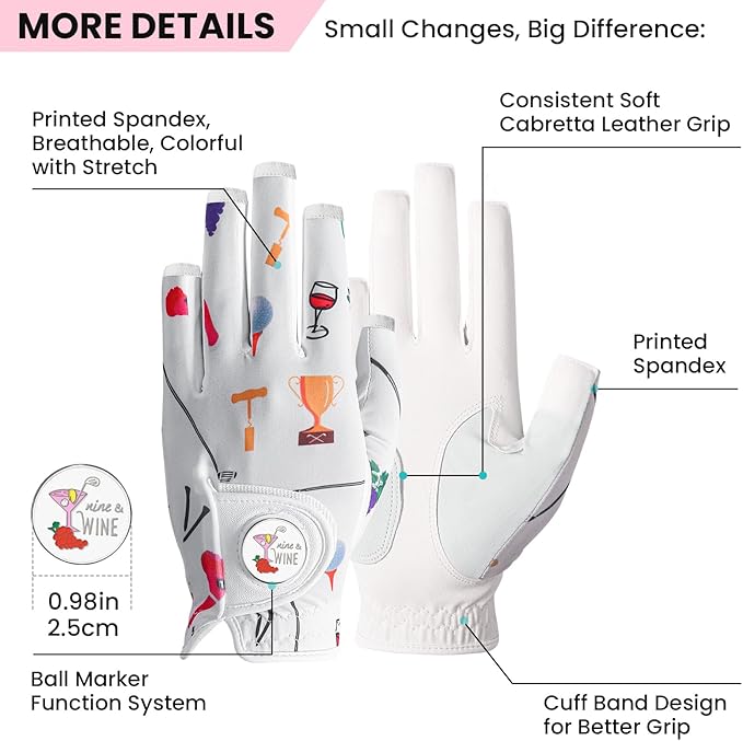 Ladies Golf Gloves Women Right Handed Golfer Left Hand Value 2 Pack with Ball Marker Leather All Weather Grip Breathable Soft Gift Set