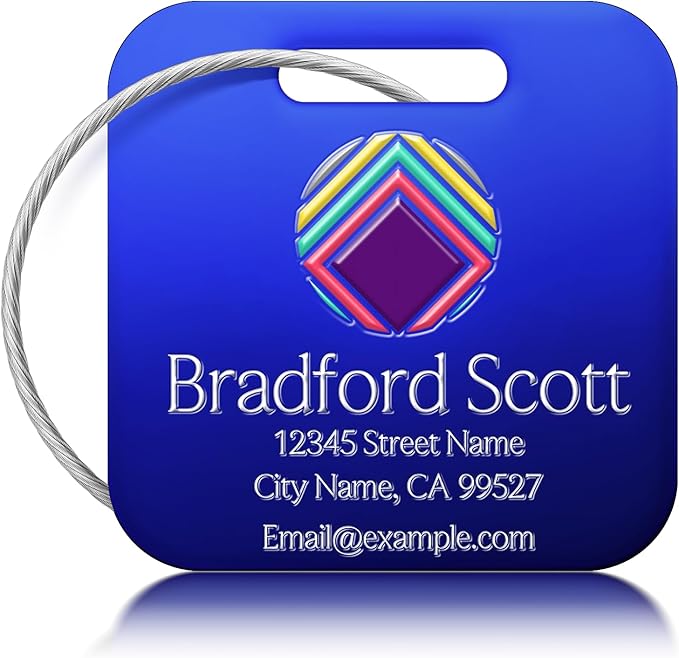 Personalized Luggage Tags - Custom Metal Luggage Tags for Suitcases, Backpacks and Bags with Your Personalized Club Logo Text (Square-Blue)