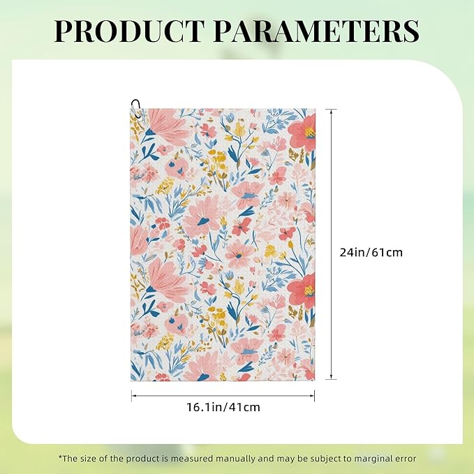 Pink Floral Golf Towel with Carabiner Clip 24"x16" Microfiber Waffle Cute Flower Ladies Golf Towels for Golf Bags Funny Golf Rag for Disc Balls Clubs Golfs Accessories for Women Men Girls